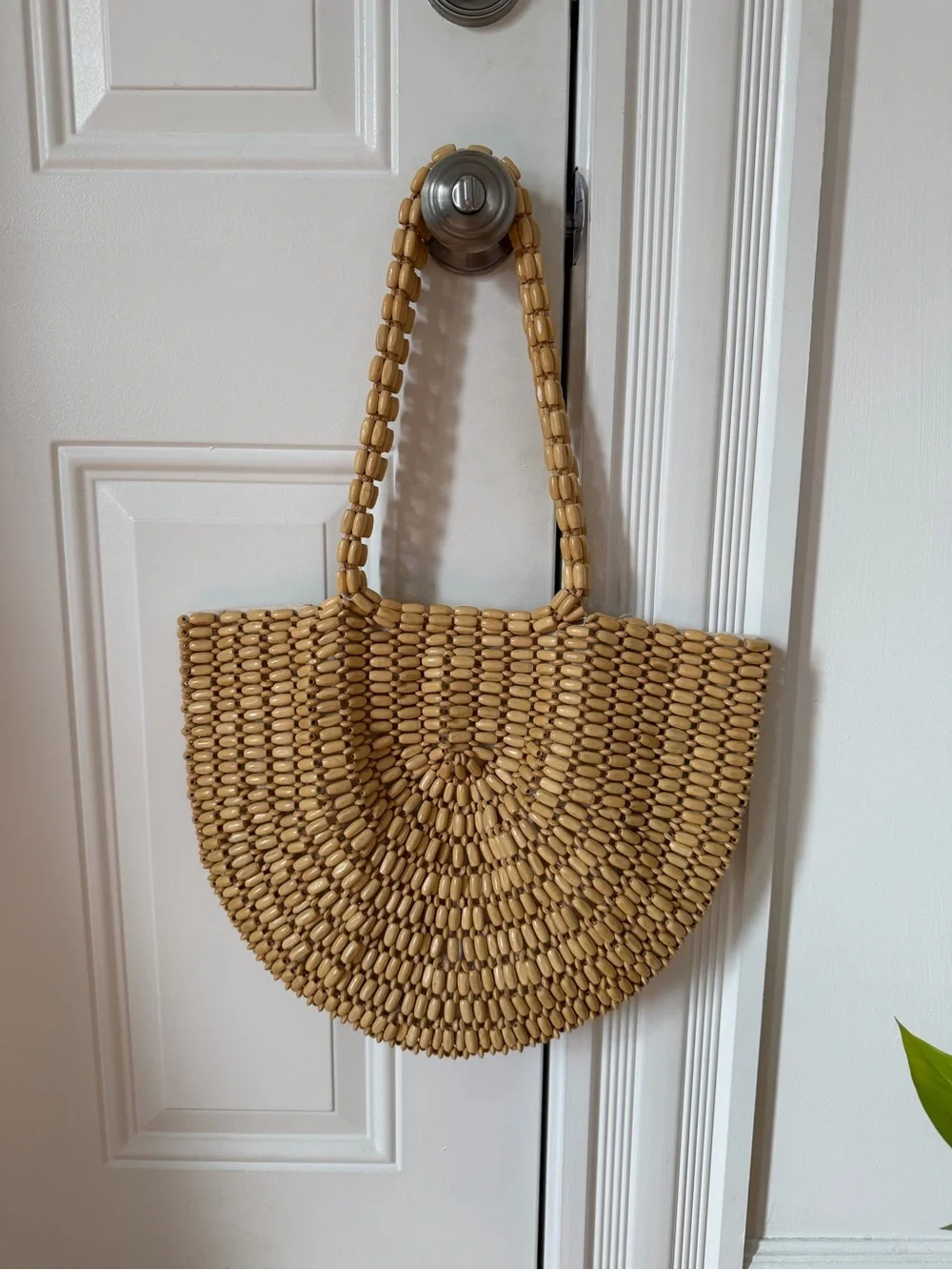 Beige Woven Semi-Circle Wood Tote Bag - Women - Picture 1 of 5
